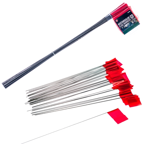 50Pc- Rectangular Camping/ Marker Red Flag 21in. Metal Handle